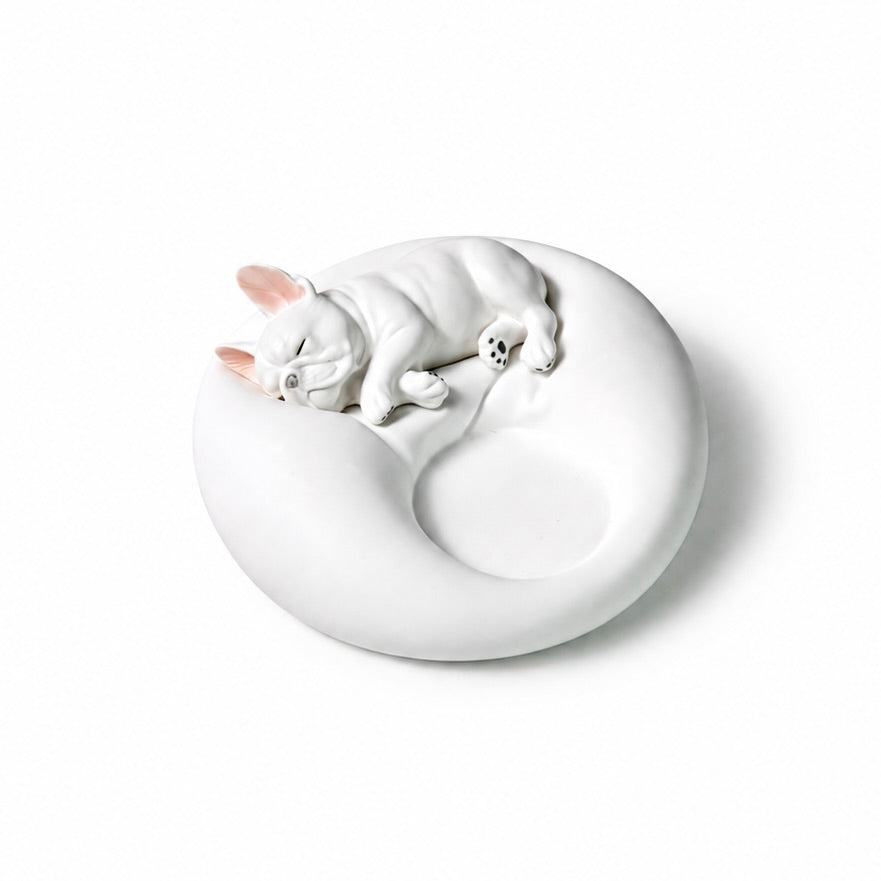 Matte white plaster sleeping French Bulldog candle holder and jewelry trinket tray