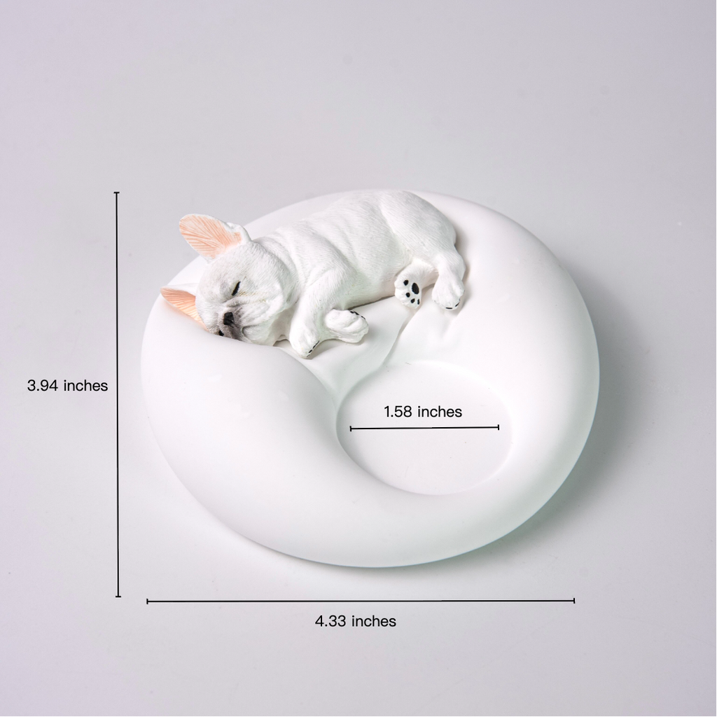 Matte white plaster sleeping French Bulldog candle holder and jewelry tray showing size dimensions of 4.33 by 3.94 inches