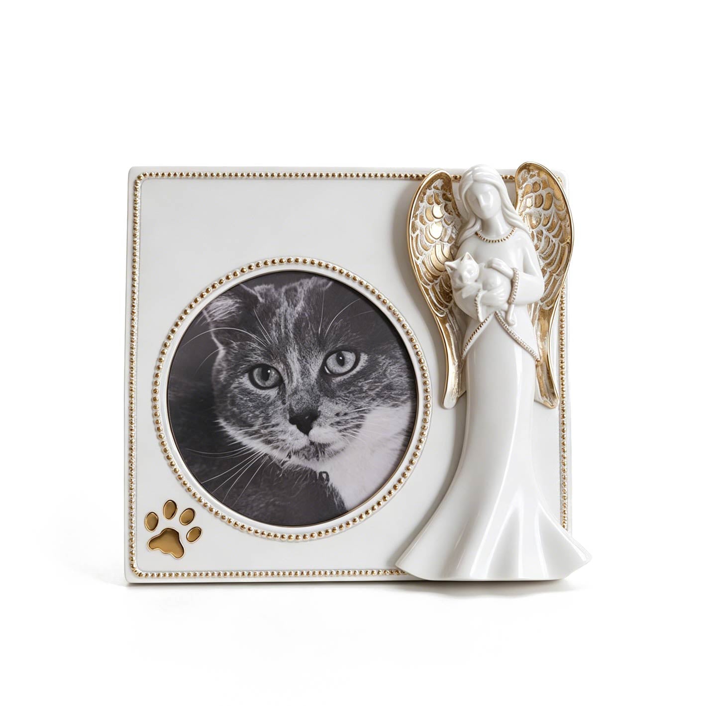 Decorative photo frame with a cat picture and angel figurine on a white background