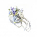 Hand-painted plaster tabby cat wedding boutonniere lapel pin with artificial purple flowers and faux pearls.