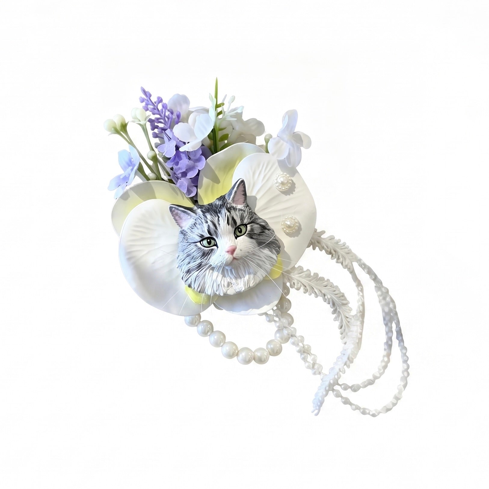 Hand-painted plaster tabby cat wedding boutonniere lapel pin with artificial purple flowers and faux pearls.