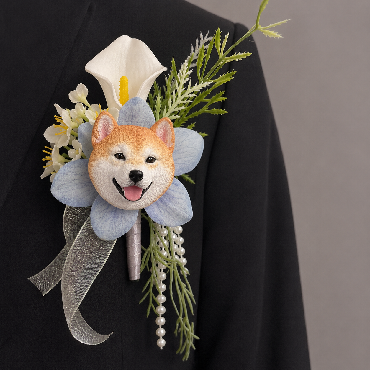 Artisanal Shiba Inu dog wedding boutonniere lapel pin with white calla lily, light blue petals, pearls, and silver ribbon.