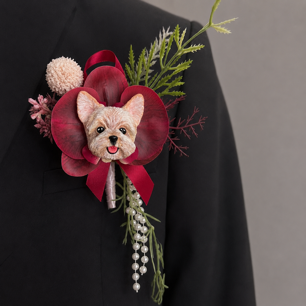 Hand-painted plaster dog wedding boutonniere lapel pin featuring a Yorkshire Terrier with red artificial flowers and dangling pearls.