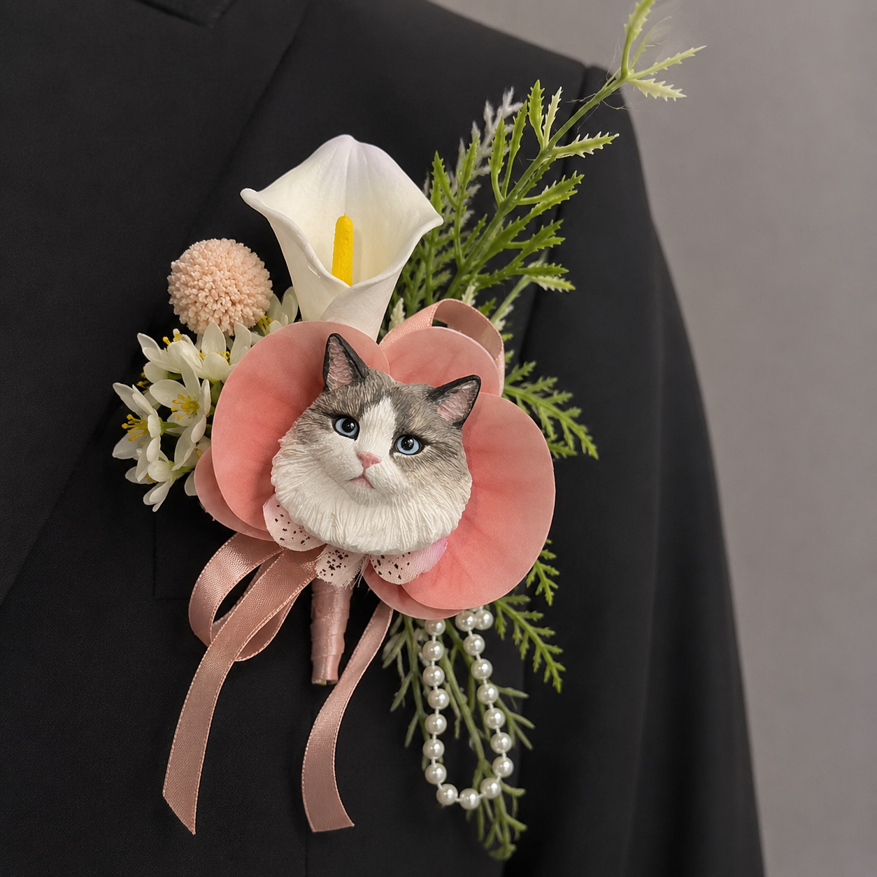 Hand-painted plaster Ragdoll cat wedding boutonniere lapel pin with lotus pink artificial petals and hanging pearls.