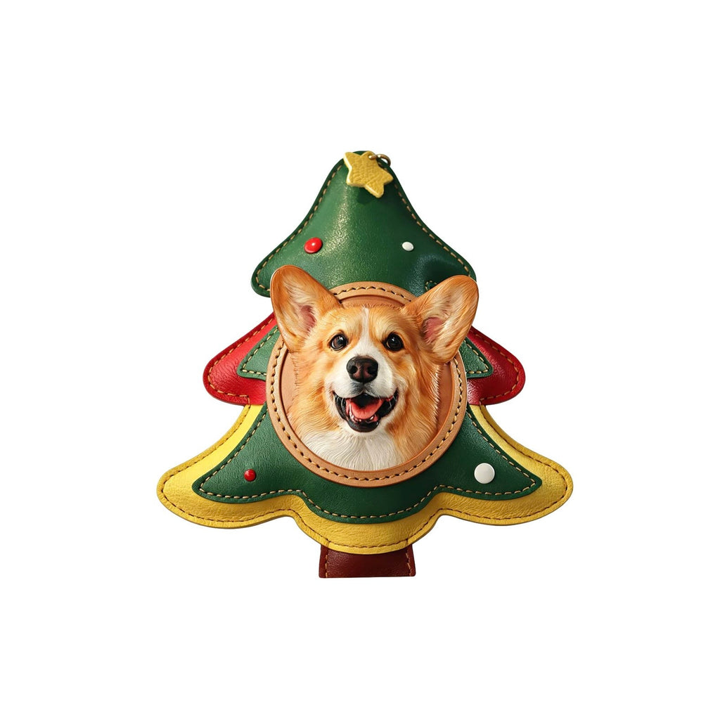 Dog-shaped Christmas tree ornament on a white background