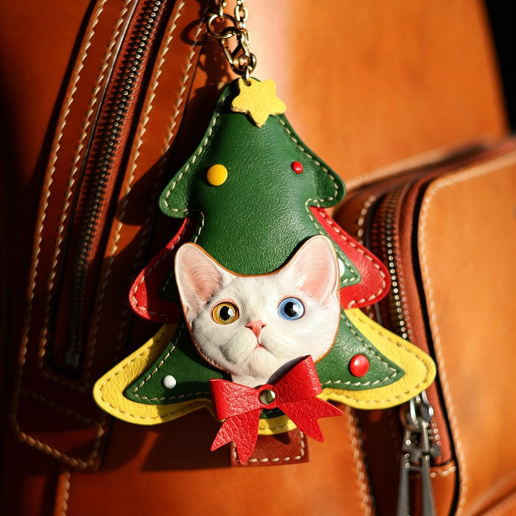 Keychain shaped like a Christmas tree with a cat face on a brown leather bag.