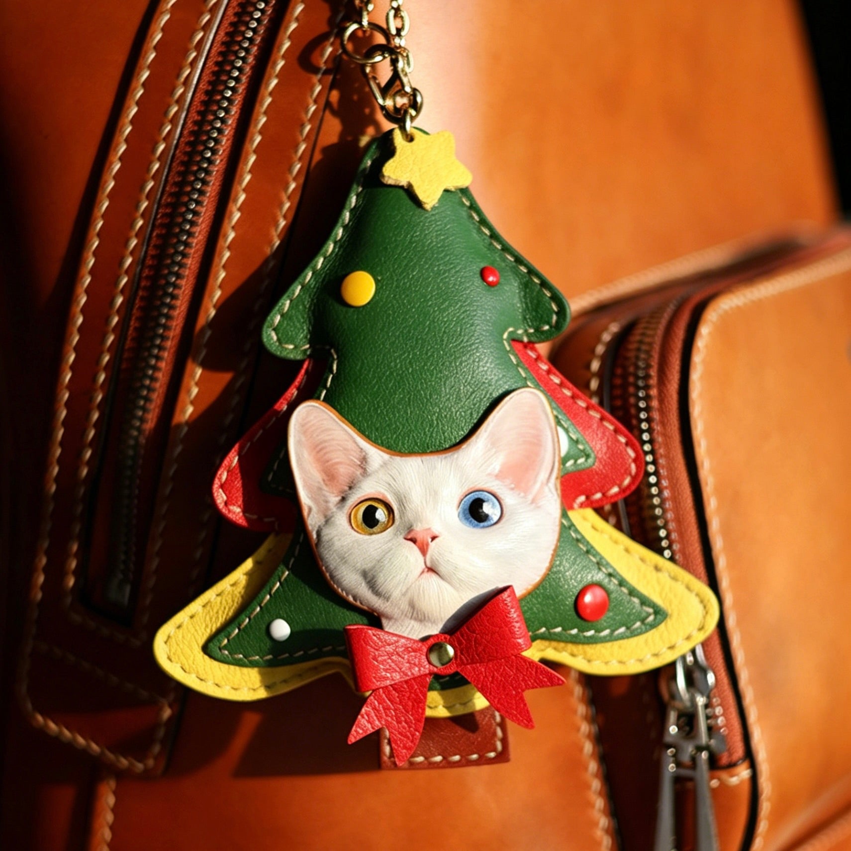 Keychain shaped like a Christmas tree with a cat face on a brown leather bag.