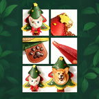 Collage of Christmas-themed keychains with trees, cats, and dogs on a green leafy background.