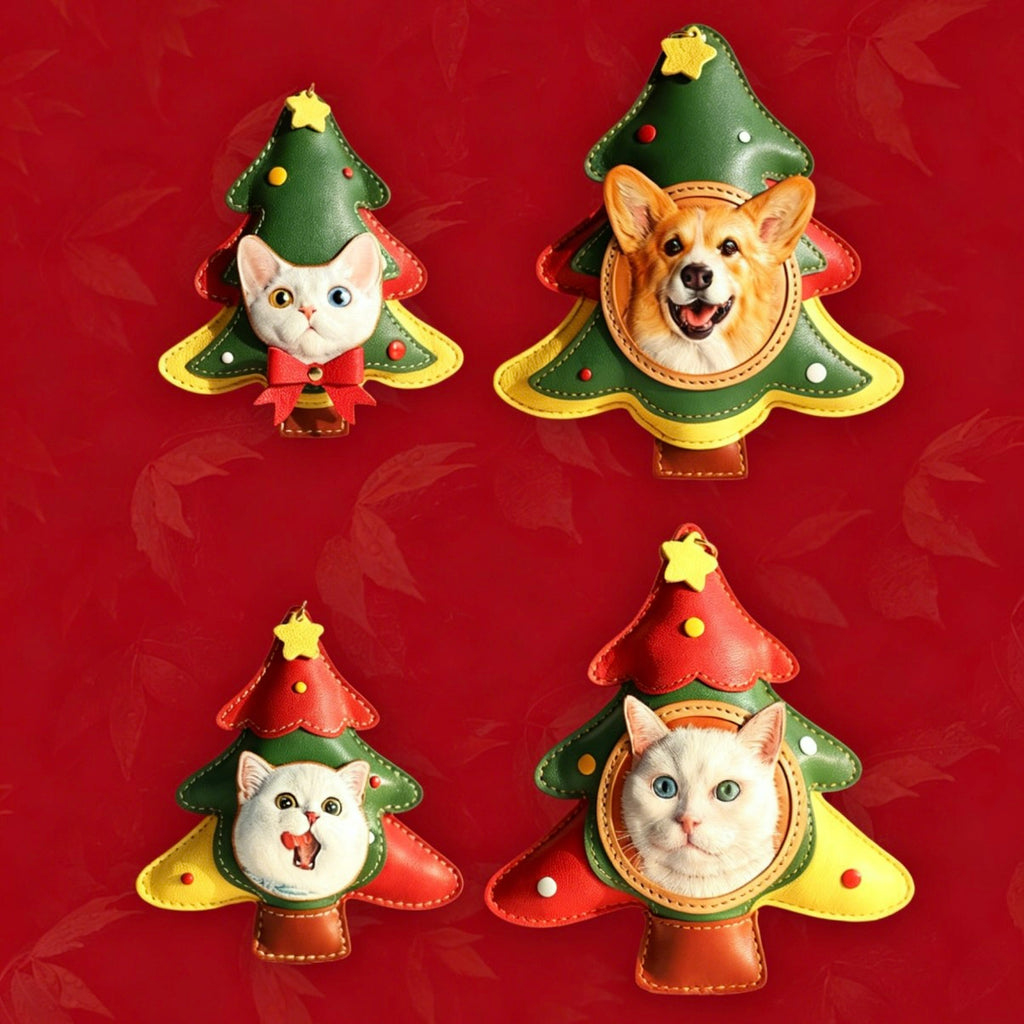 Four Christmas tree-shaped ornaments with cat and dog faces on a red background