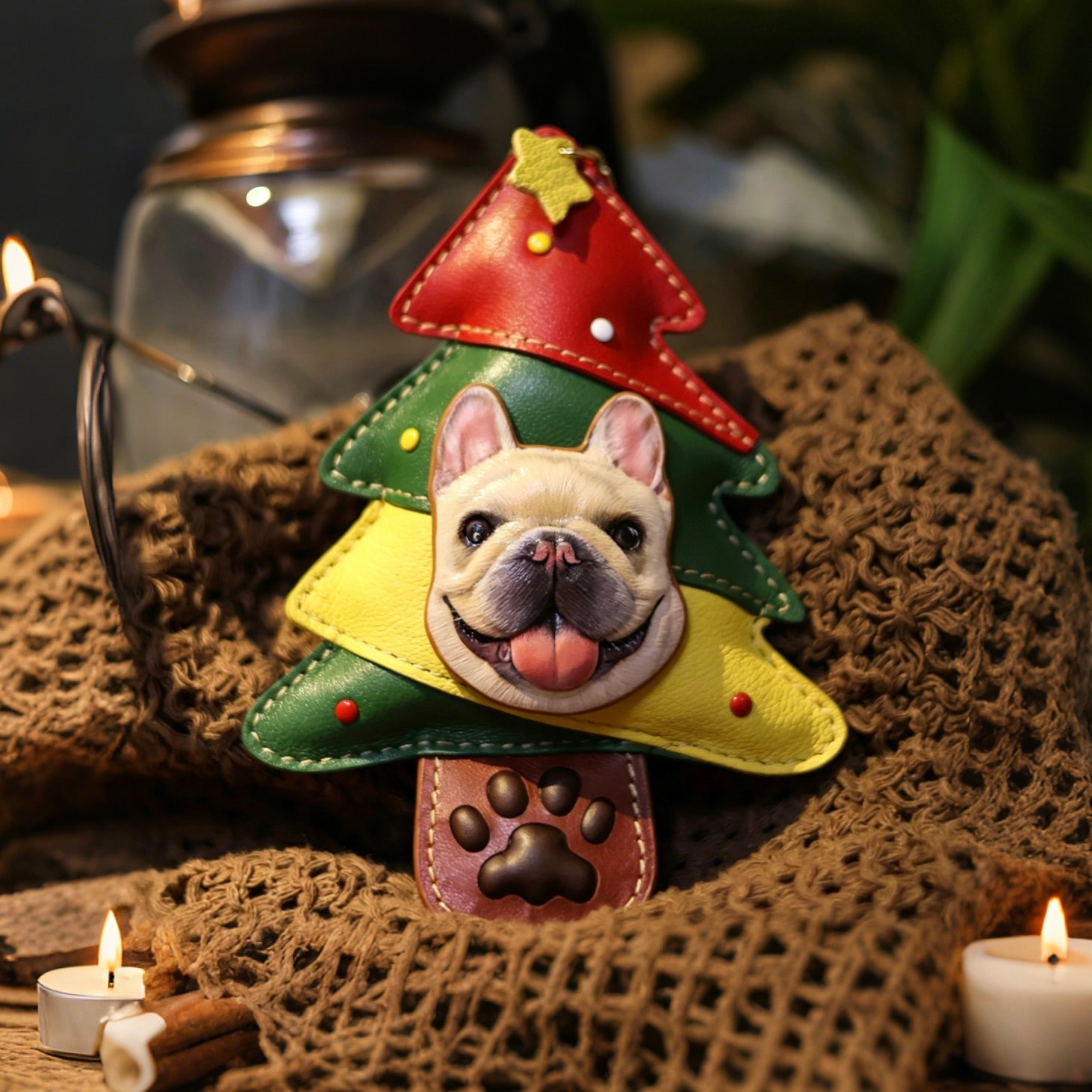Decorative keychain shaped like a Christmas tree with a dog's face on a textured surface with candles.