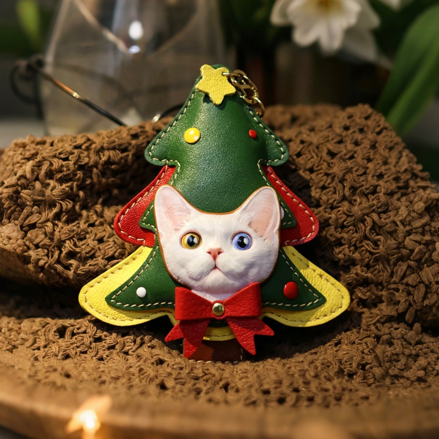 Keychain shaped like a cat in a Christmas tree costume on a textured surface.