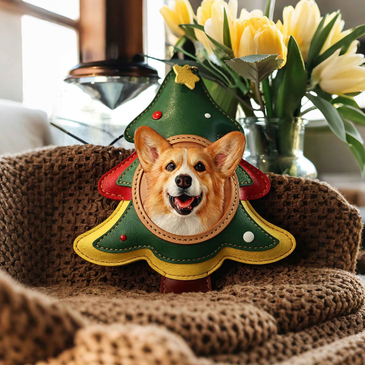 Dog-shaped Christmas tree ornament on a textured surface with flowers in the background