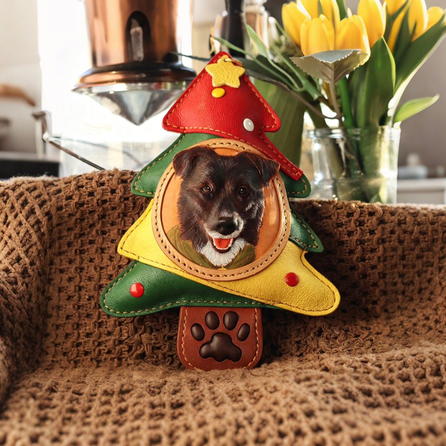 Dog-shaped gnome ornament with a dog's face on a textured surface