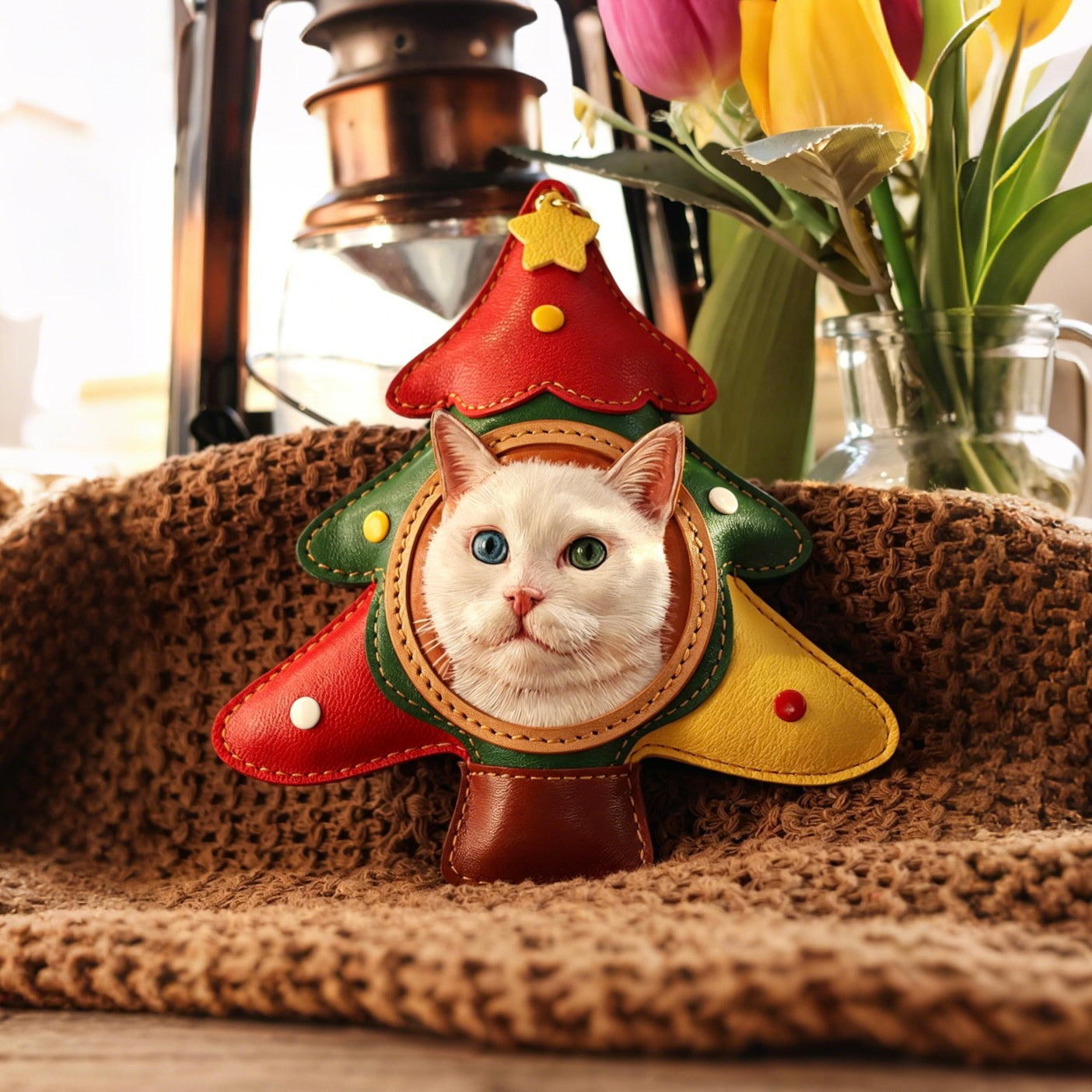 Cat figurine wearing a festive hat with flowers in the background