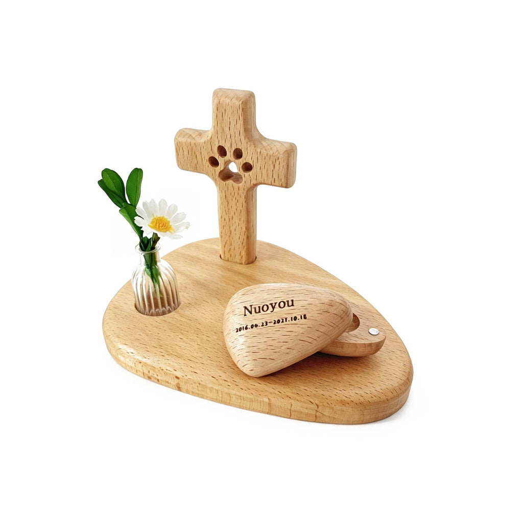 Wooden cross and heart-shaped object with 'Nuoyou' branding on a white background