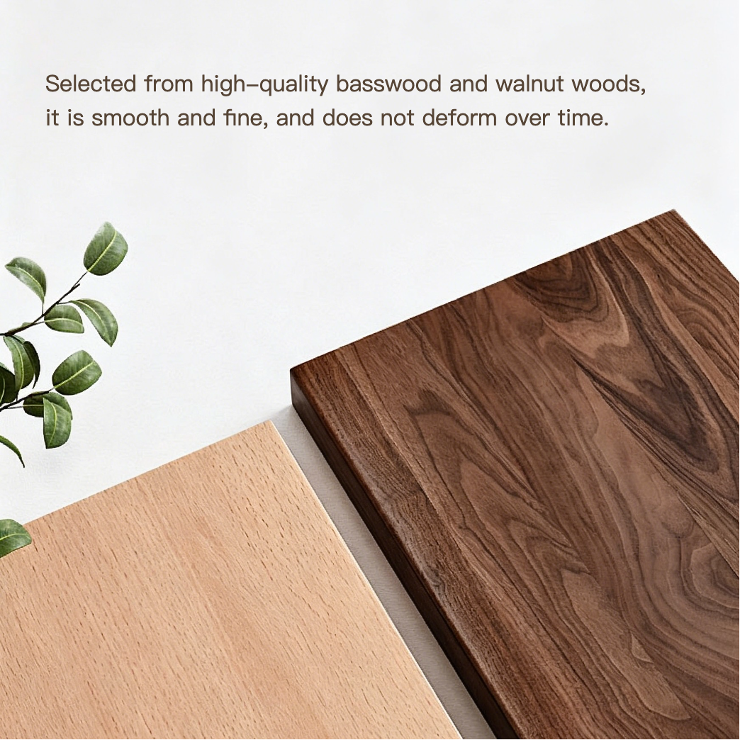 Two wooden cutting boards, one light brown and one dark brown, on a white background with text about wood quality.