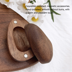 Wooden magnetic accessory on a wooden surface with text describing its qualities.