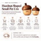 Step-by-step customization guide and shipping timeframe infographic for hazelnut-shaped small pet memorial urns.