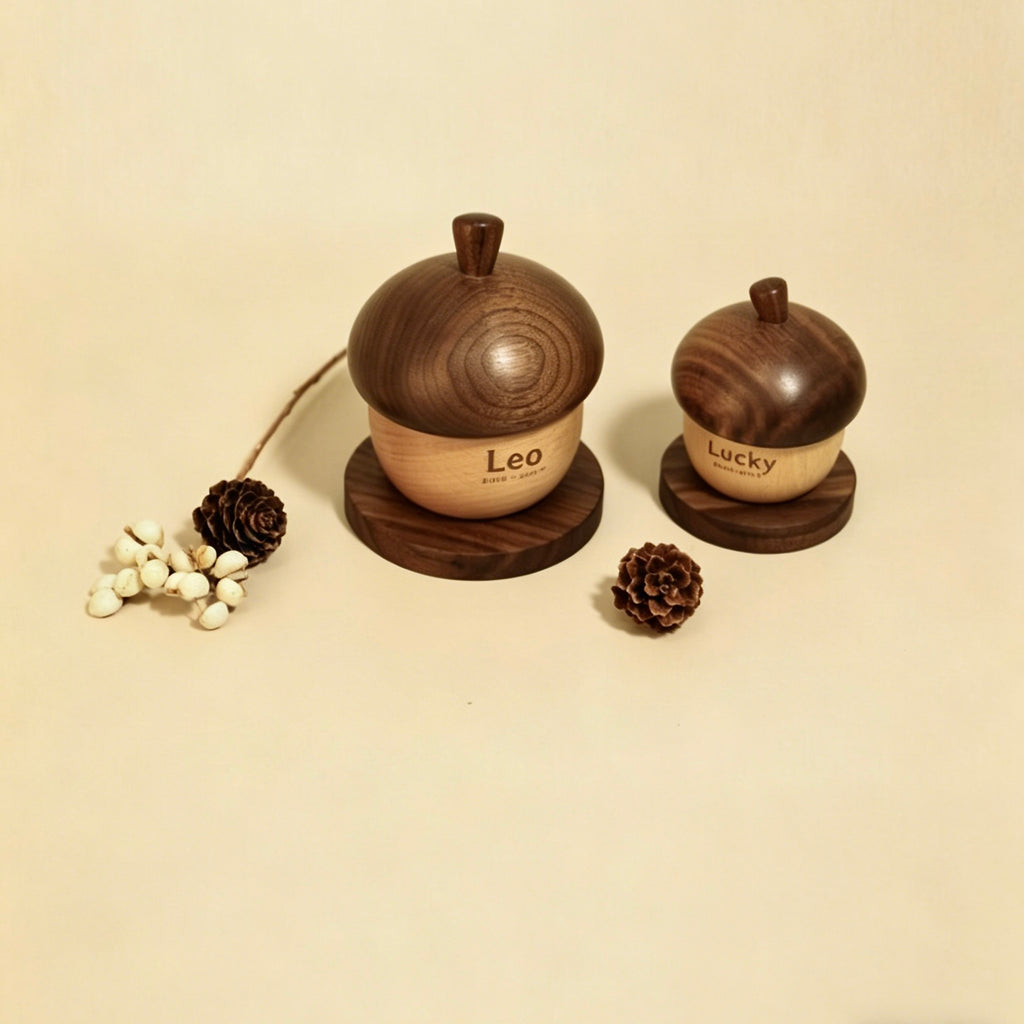 Two wooden acorn-shaped containers labeled 'Leo' and 'Lucky' on a beige background.
