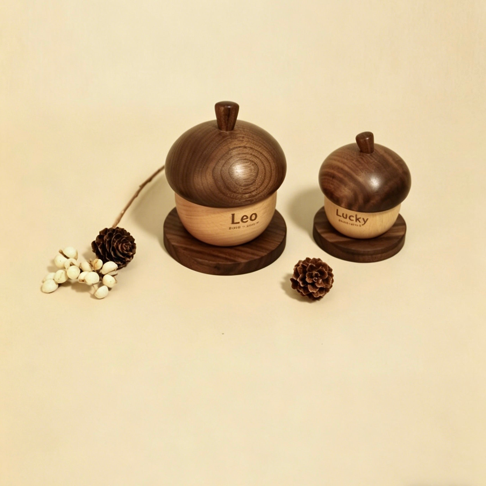 Two wooden acorn-shaped containers labeled 'Leo' and 'Lucky' on a beige background.