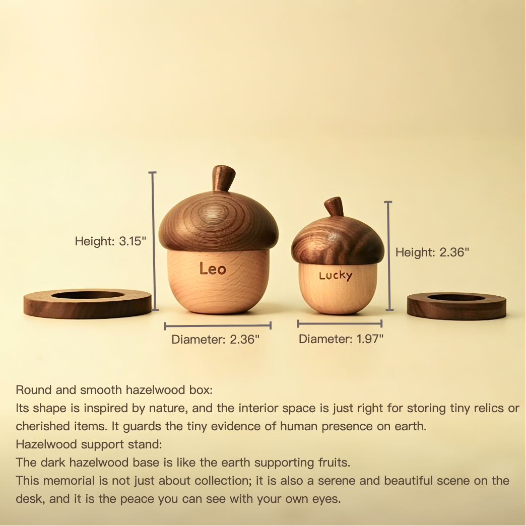 Three wooden acorn-shaped boxes with measurements and text on a beige background