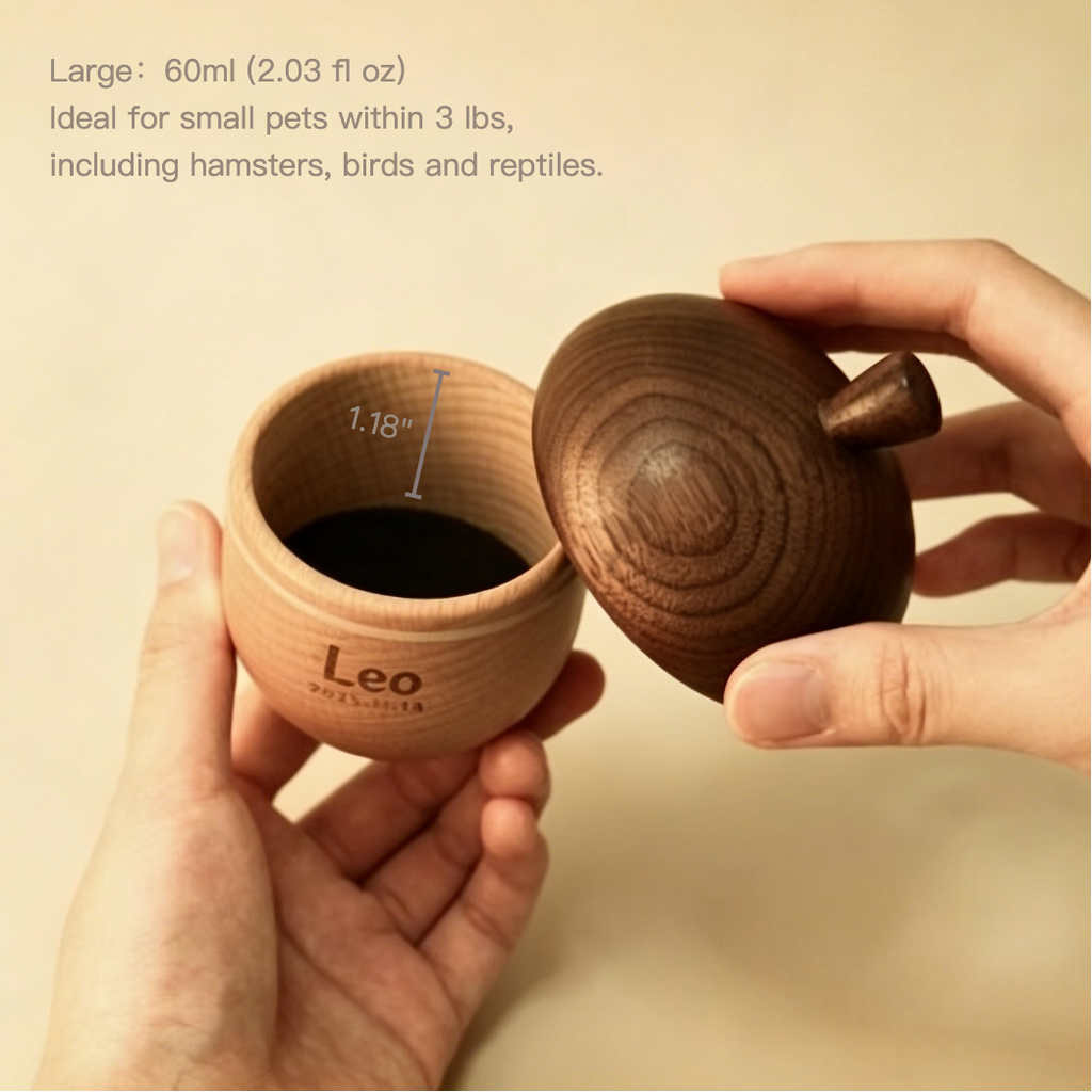 Wooden container with a lid held by hands on a beige background