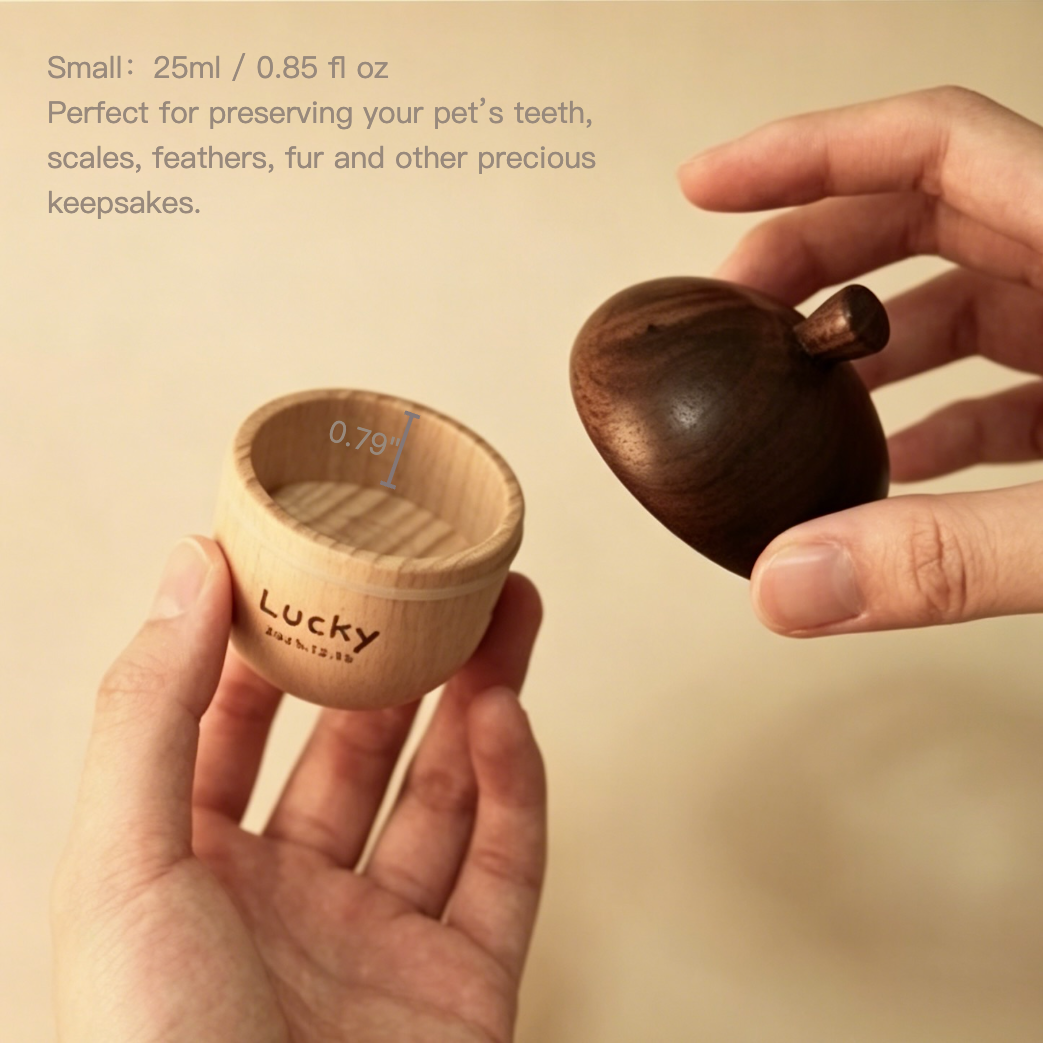 Two small wooden containers held by hands with text about preserving pet's keepsakes.