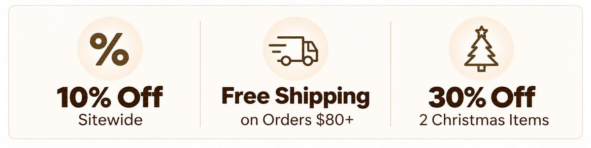 Holiday sale banner: 10% off sitewide, free shipping over $80, and 30% off 2 Christmas items.