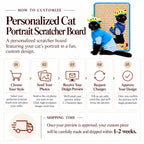 Step-by-step customization guide and shipping timeframe infographic for personalized cat portrait scratcher boards.