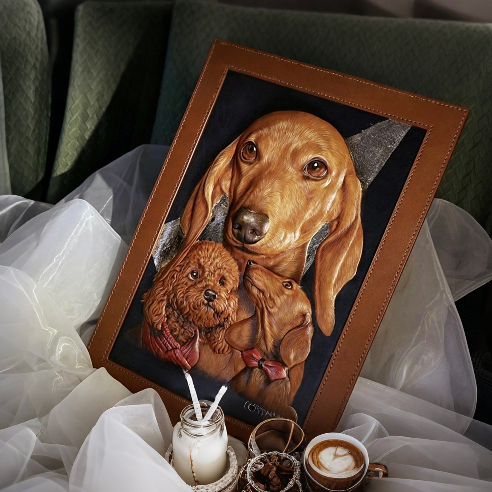 Framed artwork of two dogs on a surface with a blurred background