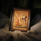 Framed portrait of a dog with a teddy bear on a dark background