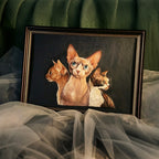 Framed artwork of three cats on a dark background with a green textured wall in the background.