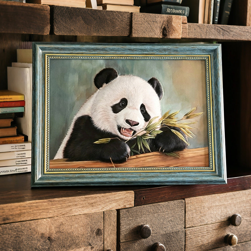 Framed painting of a panda bear on a wooden surface with books in the background