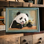Framed painting of a panda bear on a wooden surface with books in the background