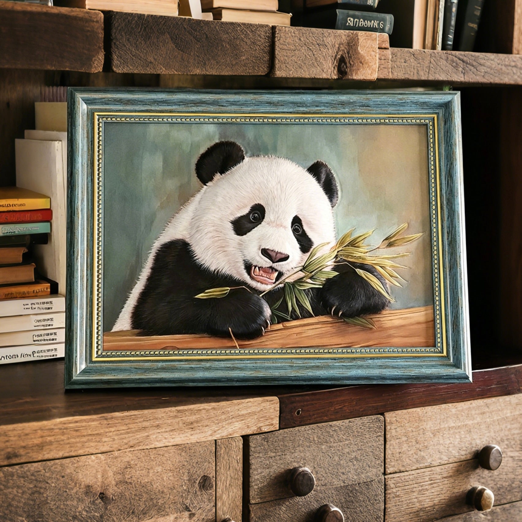 Framed painting of a panda bear on a wooden surface with books in the background
