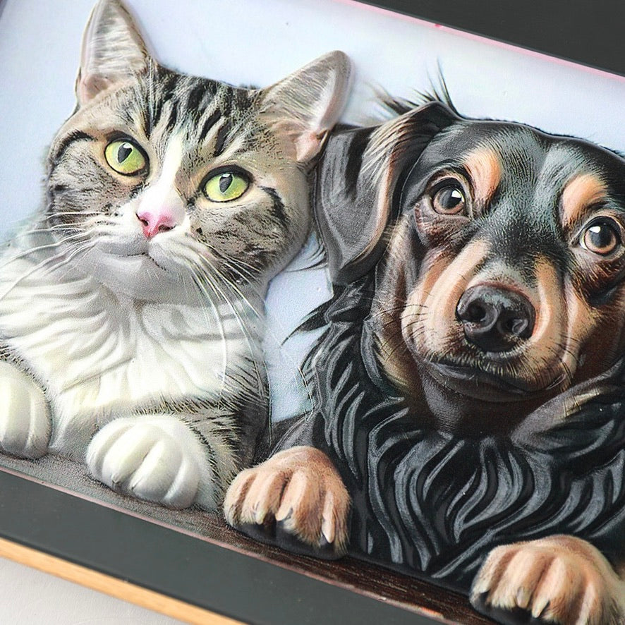 Close-up view showing the intricate 3D modeled details and precision machine-carved textures of a custom pet portrait relief sculpture.