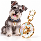 Miniature Schnauzer wearing a blue braided collar next to a gold mother-of-pearl paw ID tag with an S-shaped hook