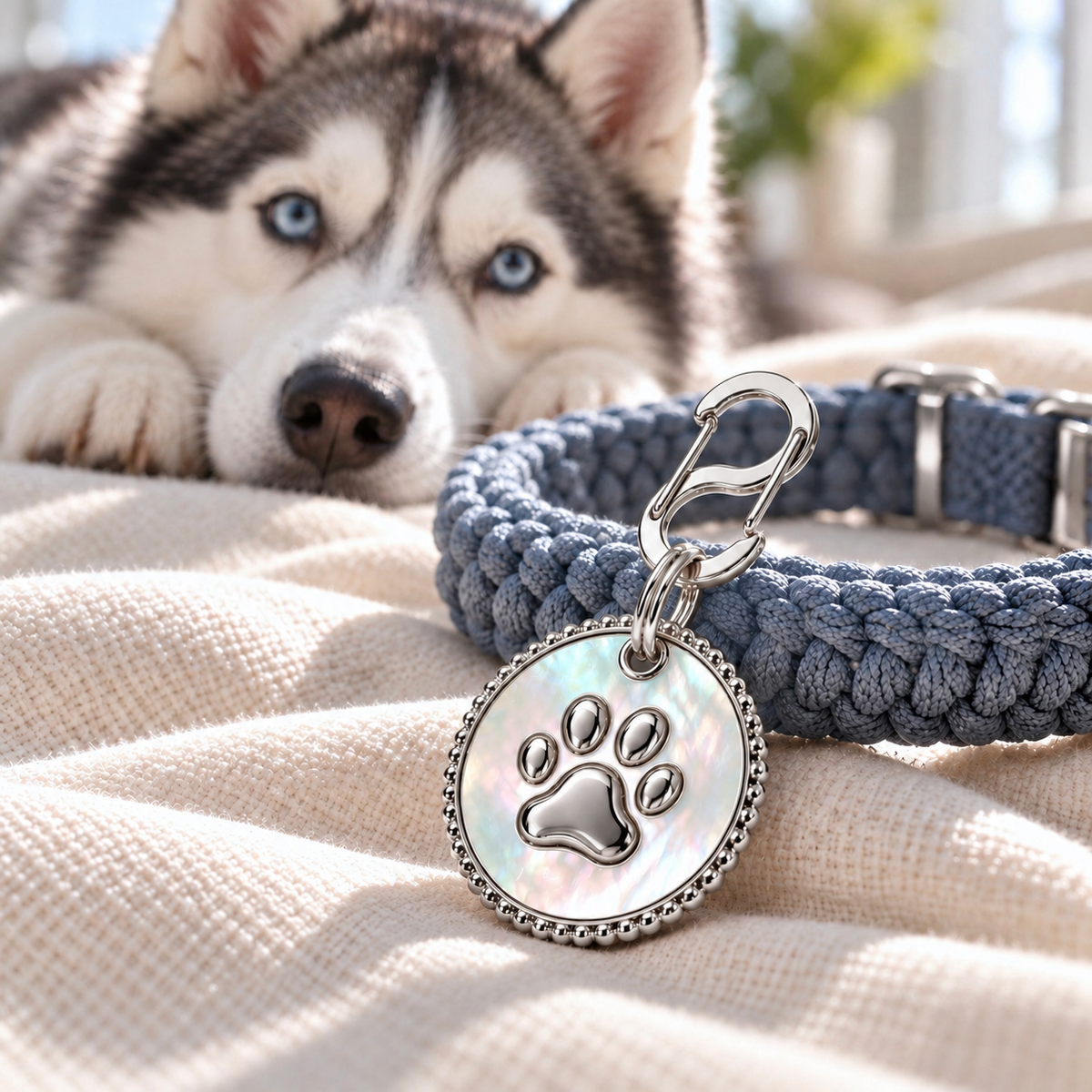 Husky lying on a soft blanket next to a silver mother-of-pearl paw ID tag attached to a braided collar