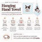 Step-by-step customization guide and shipping timeframe infographic for custom photo hanging hand towels.
