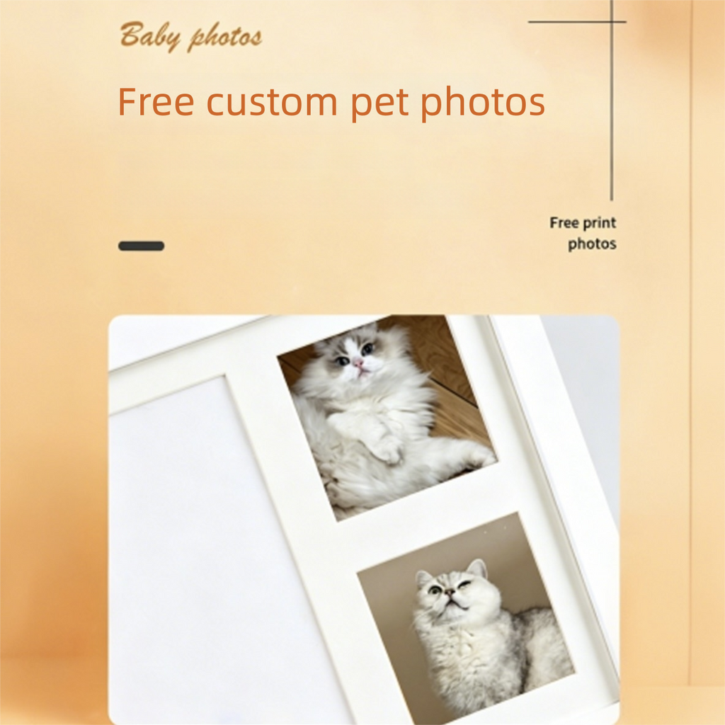Promotional graphic for free custom pet photos with a cat image on a beige background.