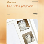 Promotional graphic for free custom pet photos with a cat image on a beige background.