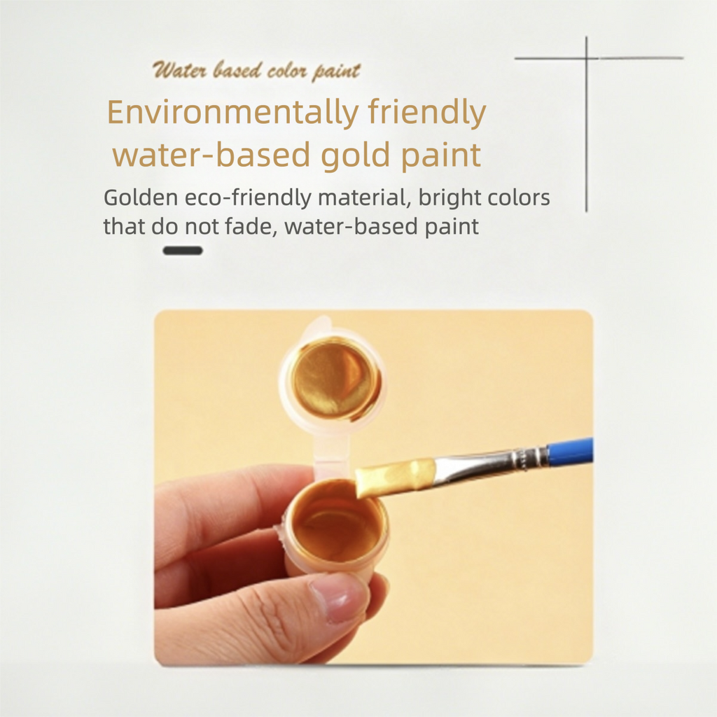Water-based gold paint with a brush and container on a light gray background