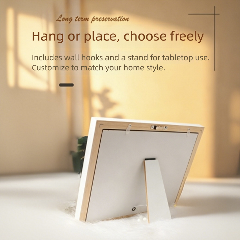 White frame with stand on a light background, text about customization and usage.