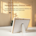 White frame with stand on a light background, text about customization and usage.