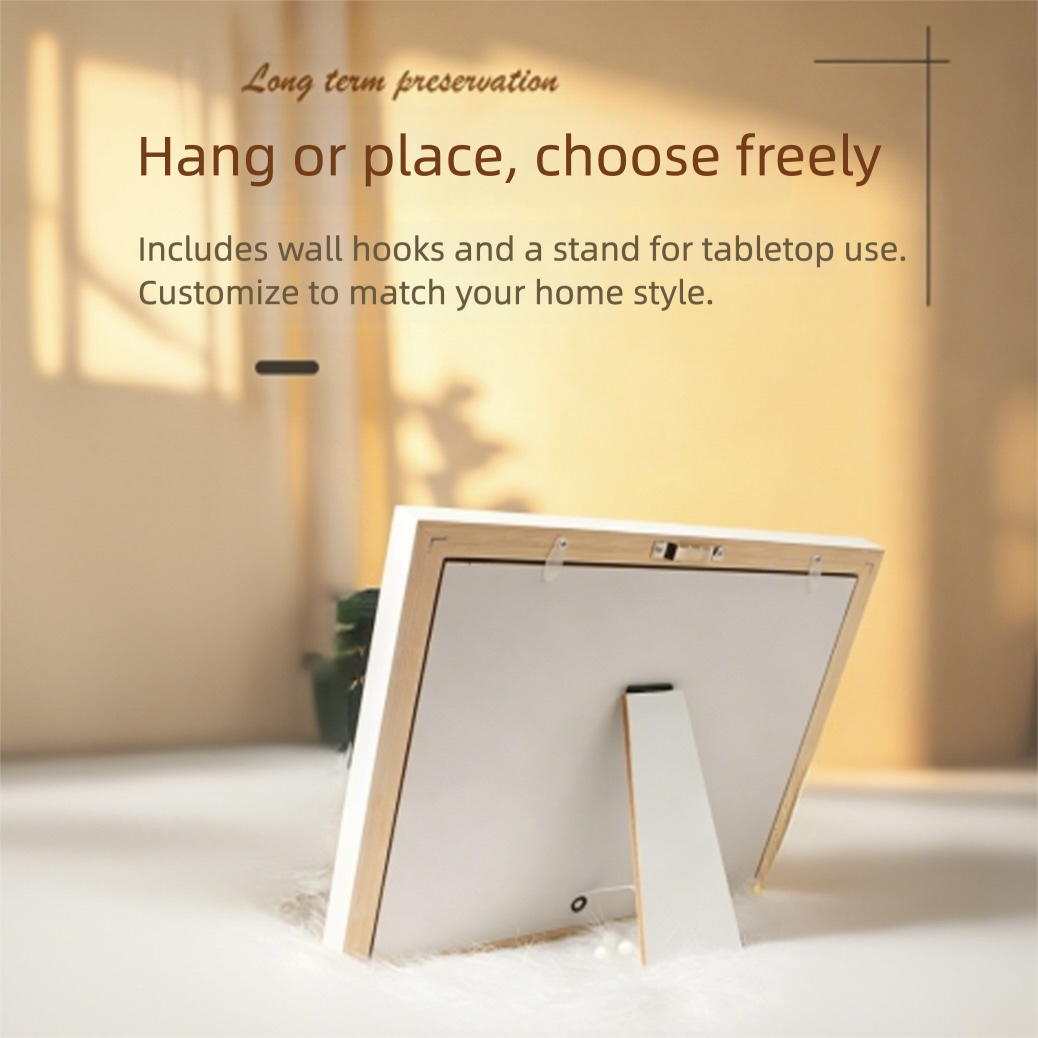 White frame with stand on a light background, text about customization and usage.