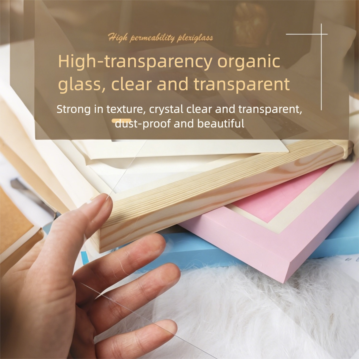 Hand holding a transparent glass panel over books with promotional text about high-transparency organic glass.