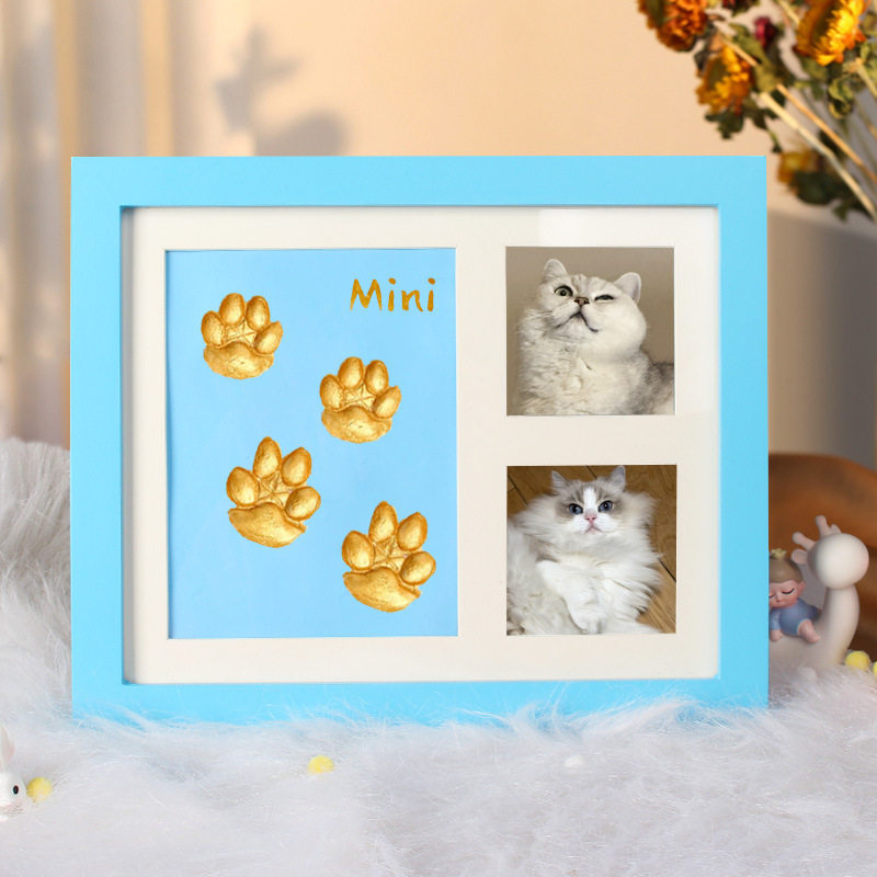 Framed picture of a cat with paw prints and 'Mini' text on a light blue background.