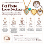 Step-by-step customization guide and shipping timeframe infographic for personalized pet photo locket necklaces.