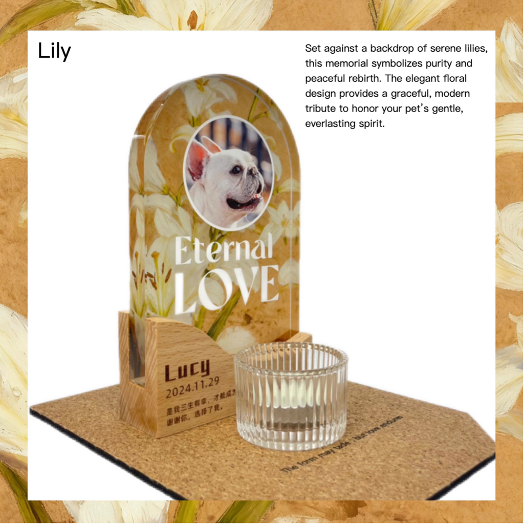 Memorial urn with floral design and photo of a dog, labeled 'Eternal Love Lucy', against a floral background.