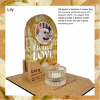 Memorial urn with floral design and photo of a dog, labeled 'Eternal Love Lucy', against a floral background.